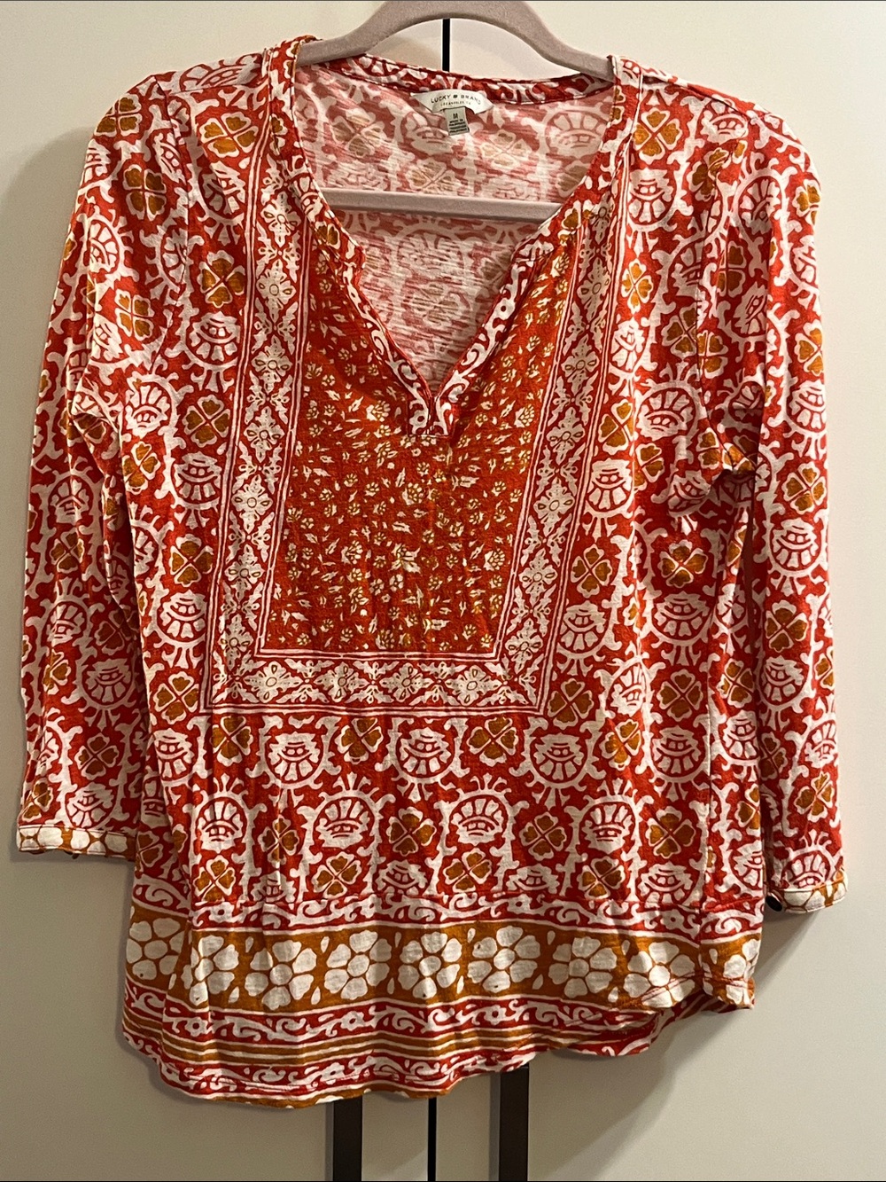 Lucky Brand Boho Orange and White Printed Split-Neck Top Medium